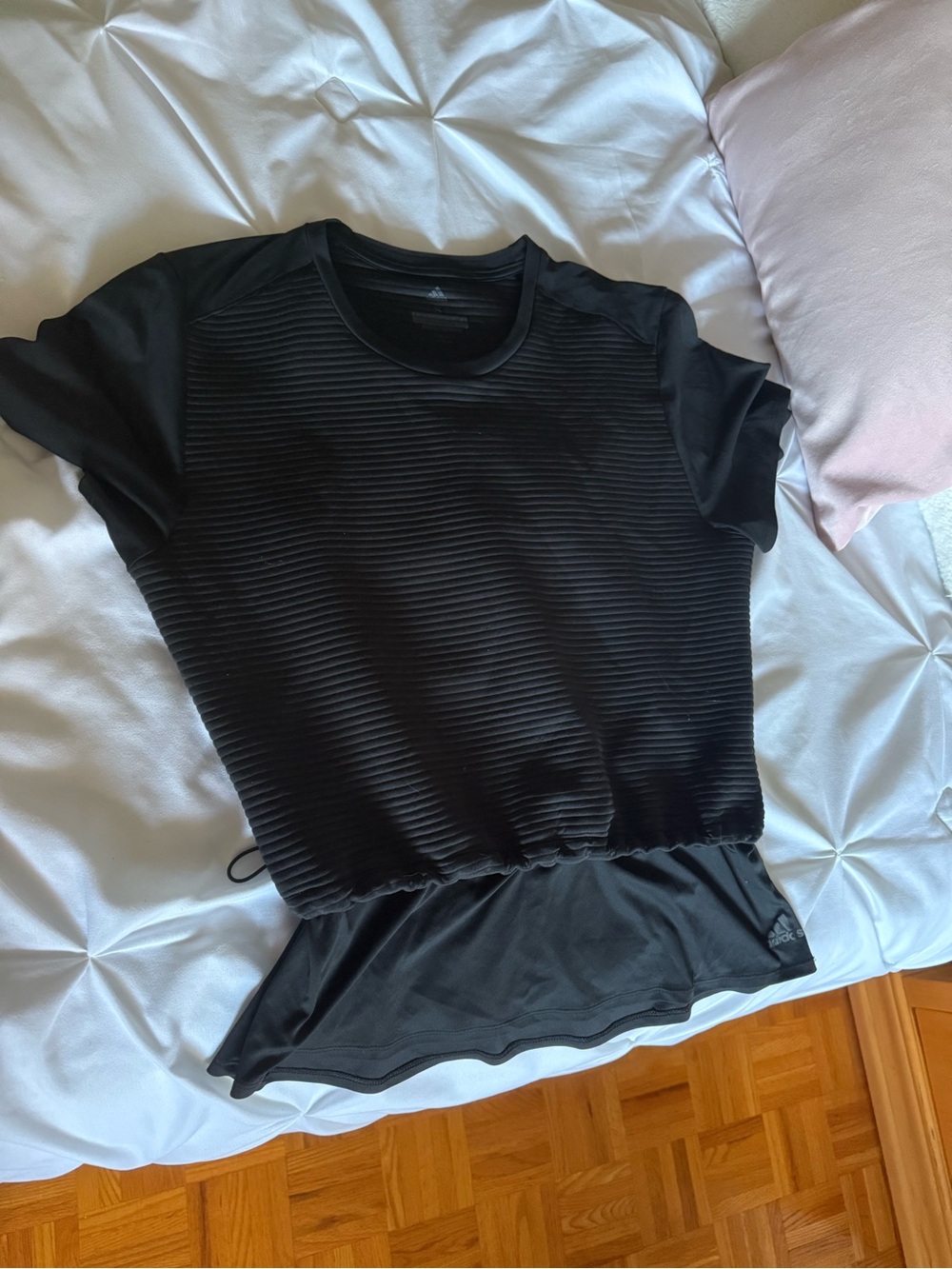 adidas Black Short Sleeve Ribbed Drawstring Top